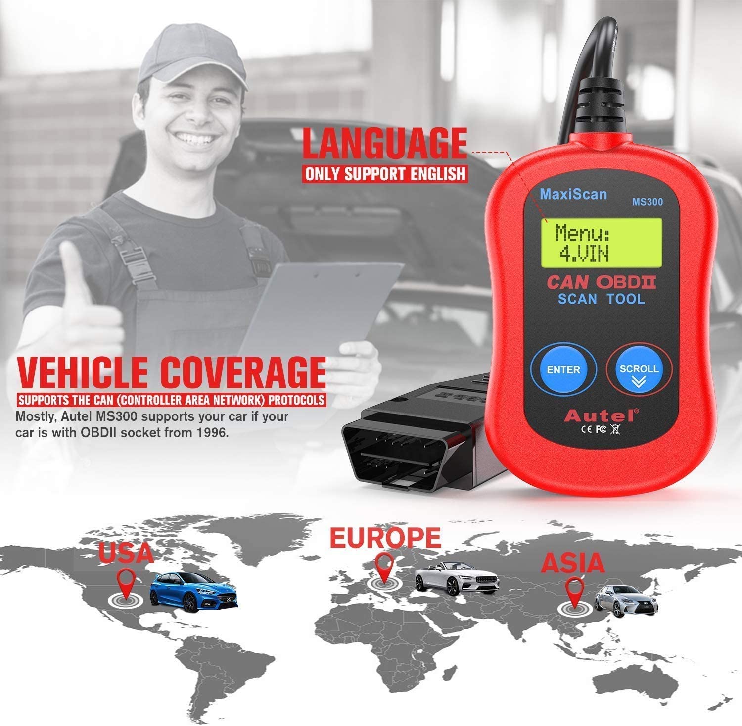 Autel MS300 Universal OBD2 Scanner Car Code Reader Read & Erase Fault Codes Check Emission Monitor Status CAN Vehicles Diagnostic Scan Tool Turn Off Check Engine Light 