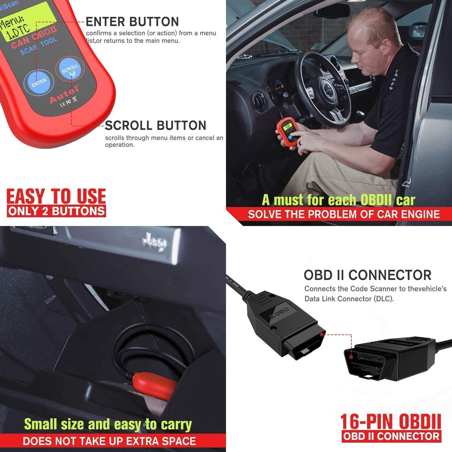 Autel MS300 Universal OBD2 Scanner Car Code Reader Read & Erase Fault Codes Check Emission Monitor Status CAN Vehicles Diagnostic Scan Tool Turn Off Check Engine Light 