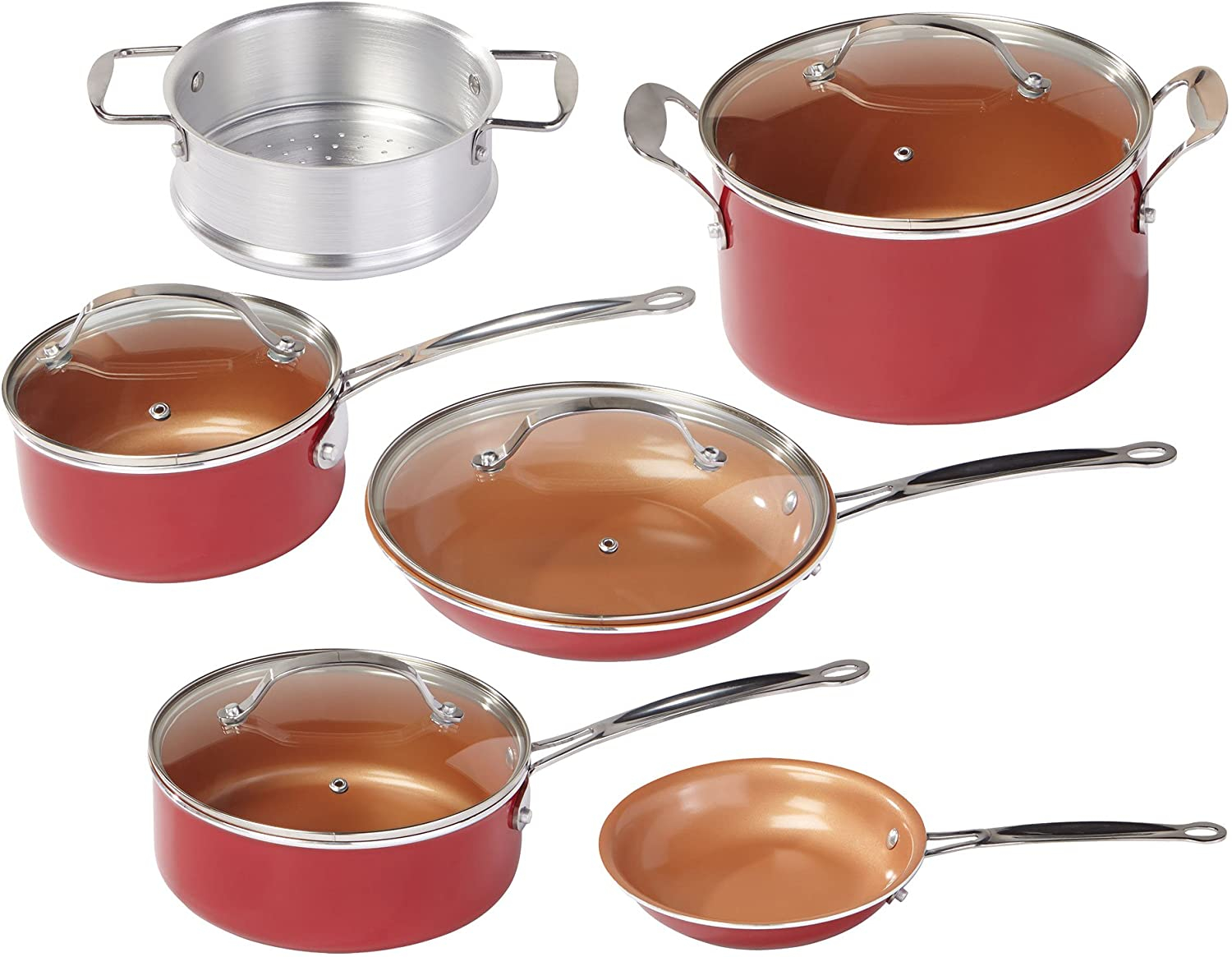 BulbHead 10824 Red Copper 10 PC Copper-infused Ceramic Non-stick Cookware Set for sale online 